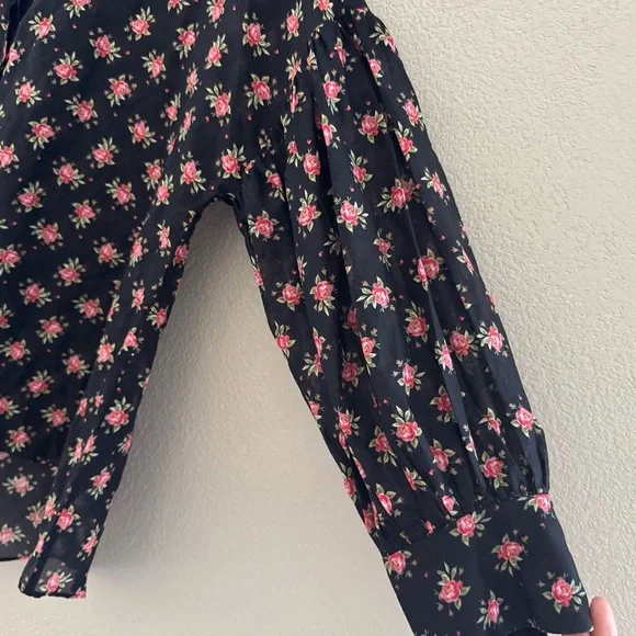 Alice + Olivia Paulita Top Med Black Pink Floral Cotton Silk Designer Feminine - Picture 10 of 12